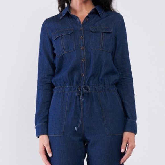 Dark Blue Long Sleeve Button Down Front Self-Tie Waist Denim Jumpsuit - Picture 3 of 5